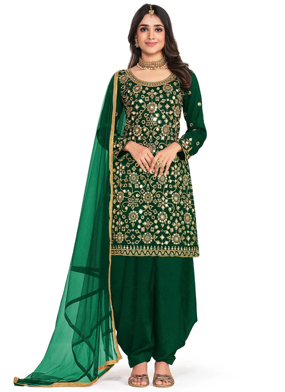 Latest Punjabi Suit Designs | Green Mirror work soft silk Punjabi ...