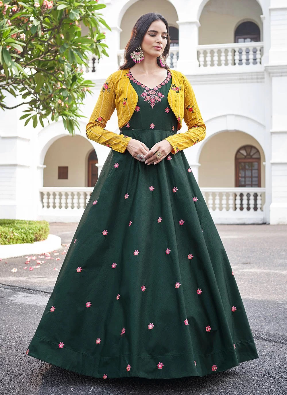 Koti Style Green Cotton Anarkali Long Gown | Gunj Fashion