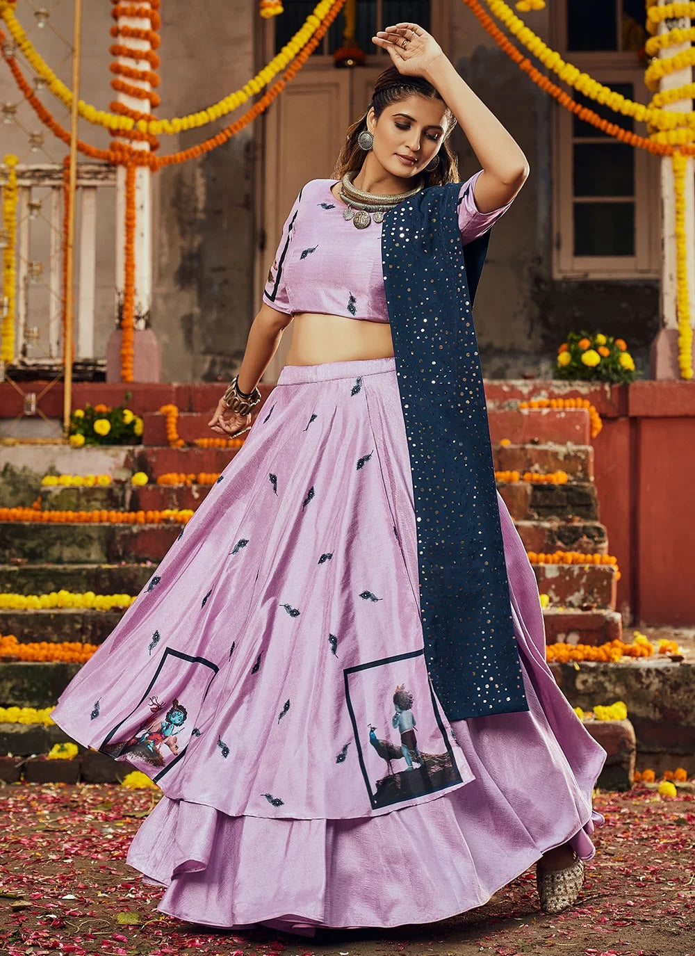 Navratri Special Chaniya Choli With Digital Print In Dusty Pink ...