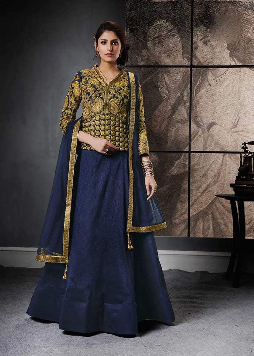 Navy Blue Long Choli Lehenga Latest Design – Gunj Fashion