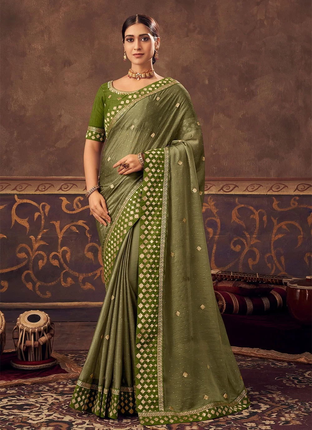 Olive Green Zari Embroidered and Stone Work Saree in Chinnon ...