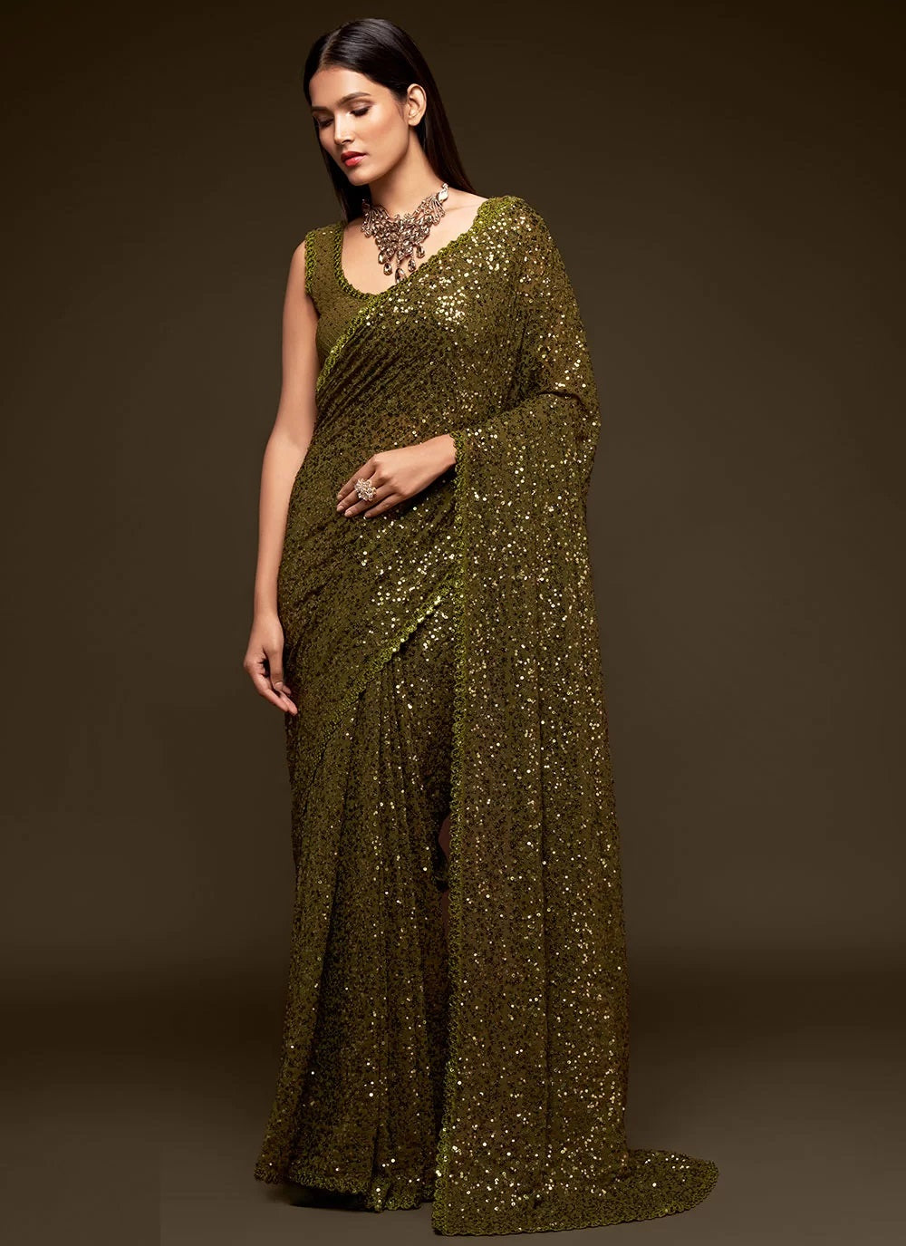 Sabyasachi Olive Green Sequins Georgette Party Wear Saree With ...