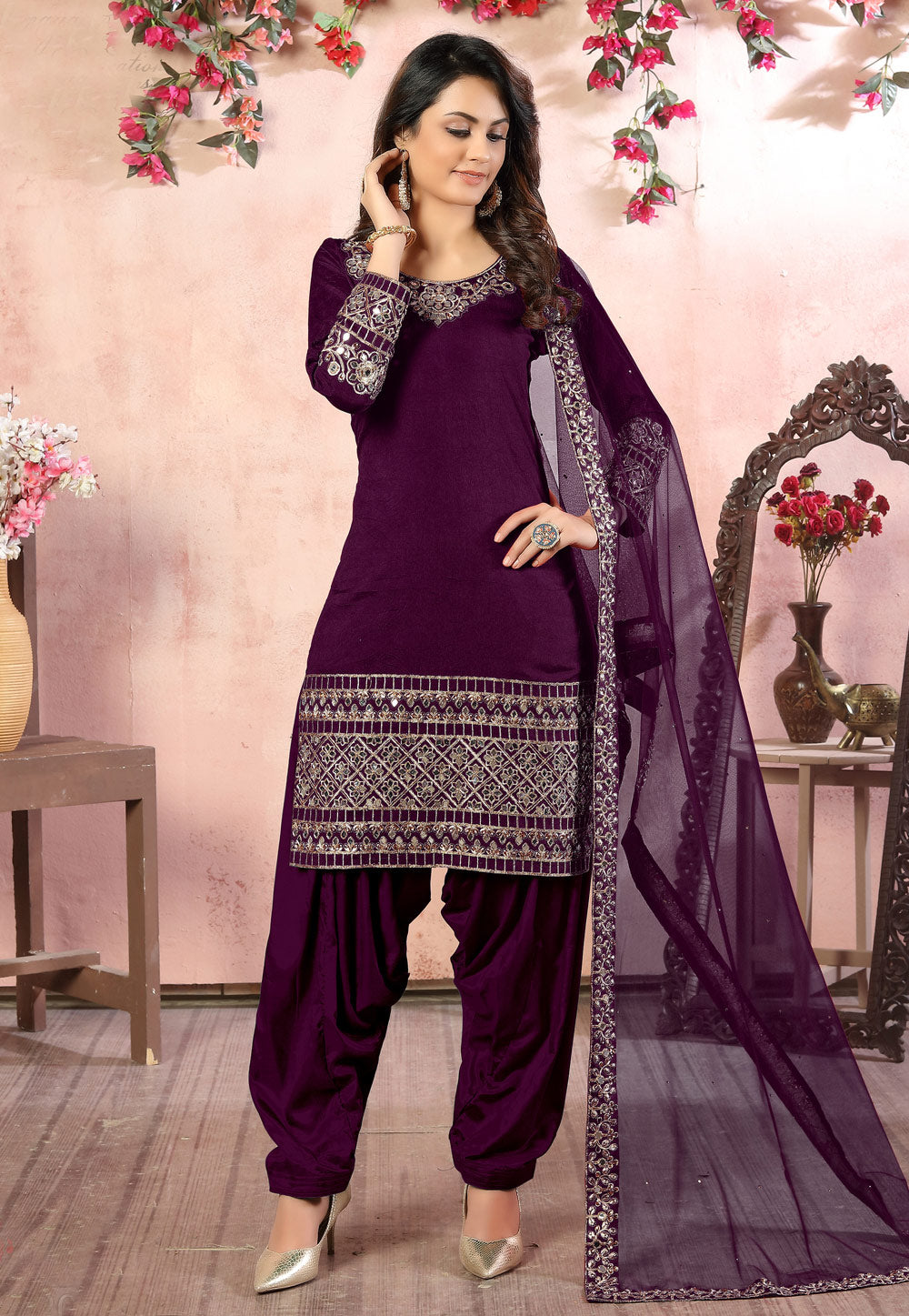 Shop Wine Embroidered Art Silk Punjabi Suit | Gunj Fashion IN