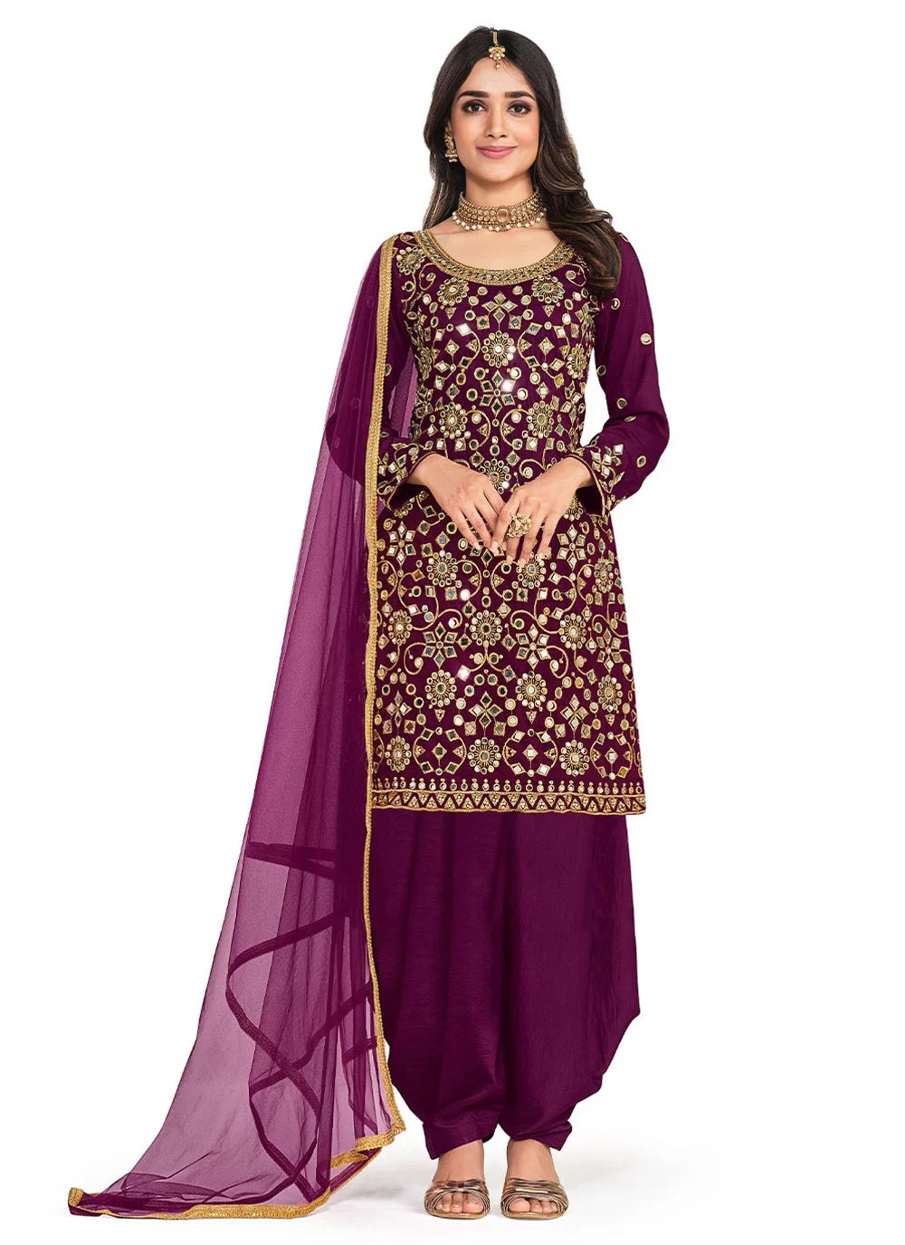 Best Punjabi suit design - Wine Embroidery and Mirror Punjabi Suit ...