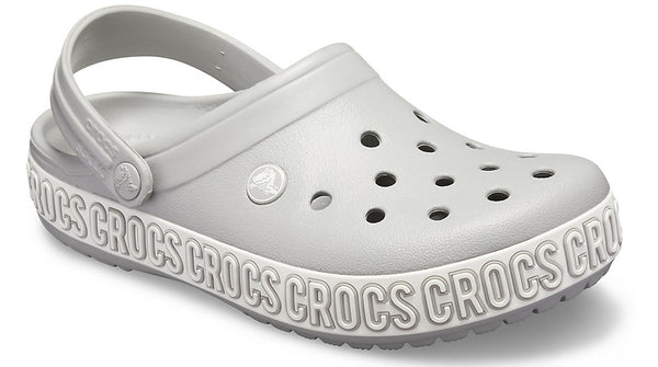 grey and white crocs