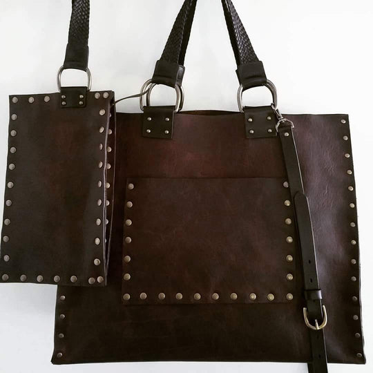 CUSTOM bison leather tote bag with braided leather handles
