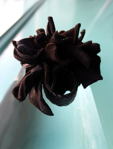 Ayana Kama Ring; chocolate brown deerskin leather flower on a braided deerskin leather band