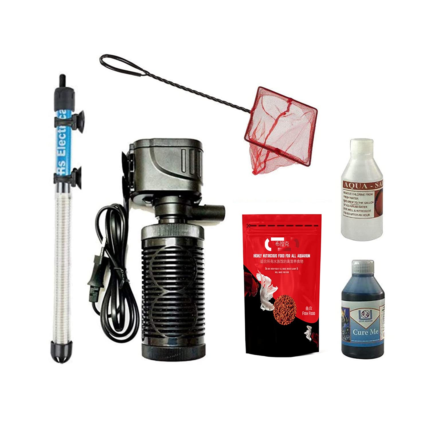 Filter air Pump Accessories Beginners Complete kit Internal Filter with 100 watt Fully Heater Fish Food net 6 1 Complete All Set for Fish Tank (6 in 1)
