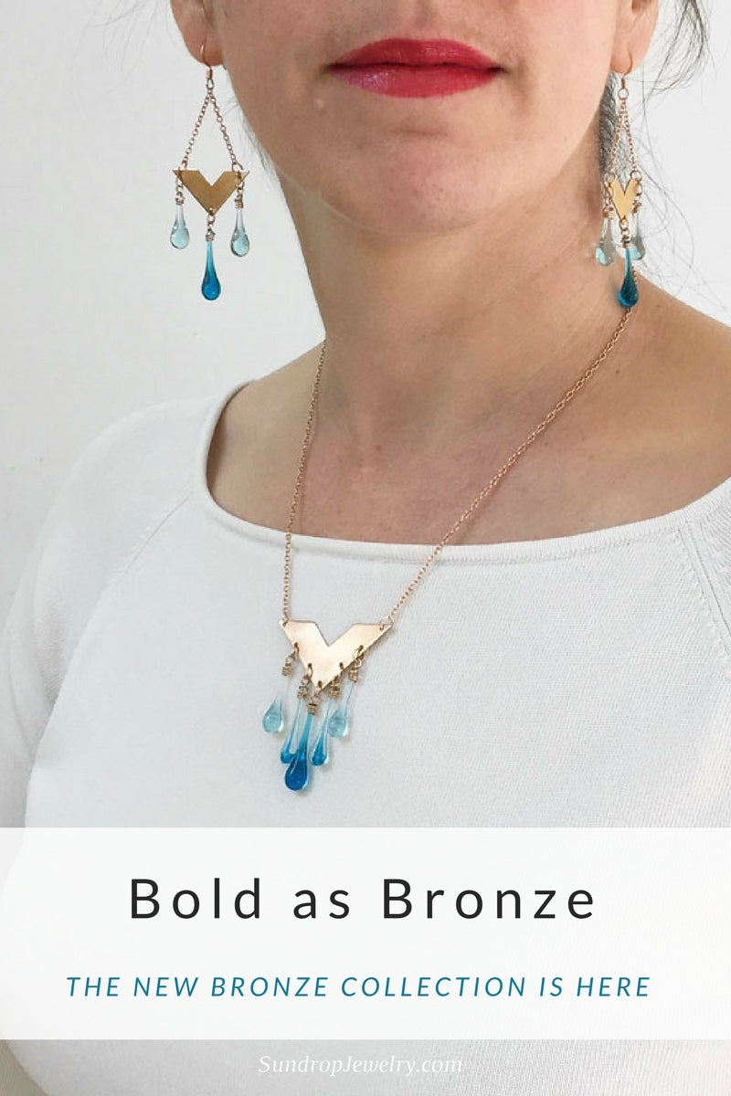 New geometric bronze and glass jewelry collection from Sundrop Jewelry