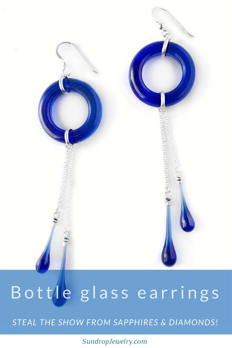 Sapphire blue recycled glass earrings steal the show from sapphires and diamonds