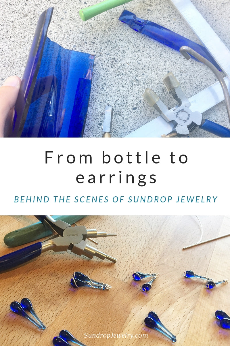 Recycled Skyy Vodka bottle to eco-friendly earrings.  Behind the scenes at Sundrop Jewelry.