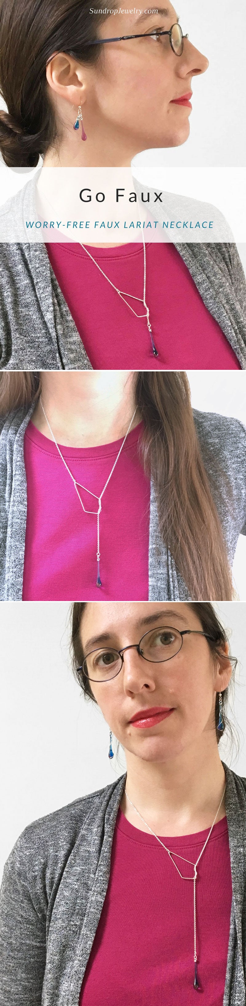 Worry-free faux lariat necklace, featuring sterling silver kite and glass teardrop || by Sundrop Jewelry