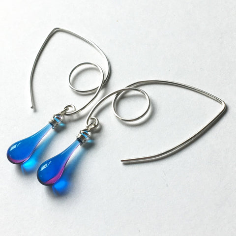Loop de loop sterling silver marquise earrings with dangling glass teardrop