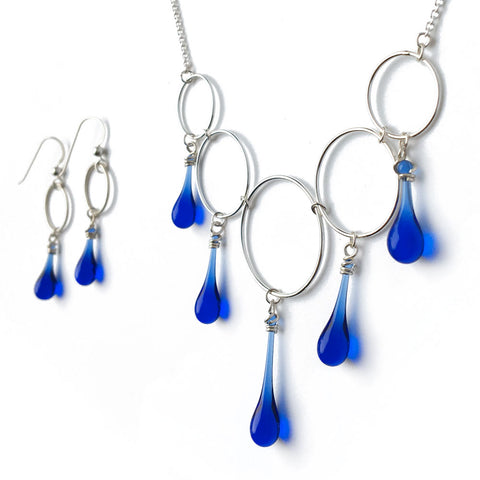 New dainty glass drop and circle earrings and necklace in cobalt blue