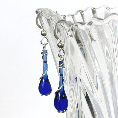 Cobalt Lyra Earrings, featuring sun-melted Skyy Vodka bottle glass and recycled sterling silver