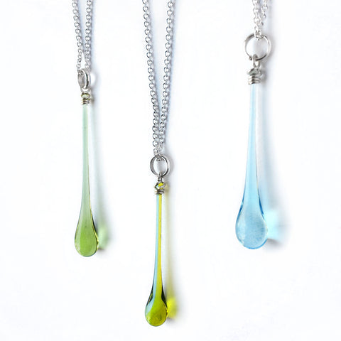 Extra-long pendant necklaces of sun-melted glass