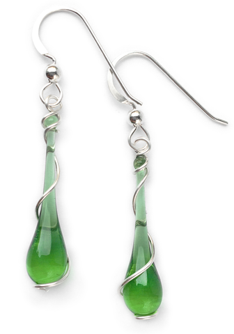 Lyra silver spiral earrings in kelly green, 100% recycled!  Made with sun-melted glass bottles and recycled silver.