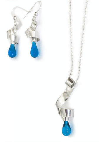 Tendrils of silver and glass teardrop earrings and pendant