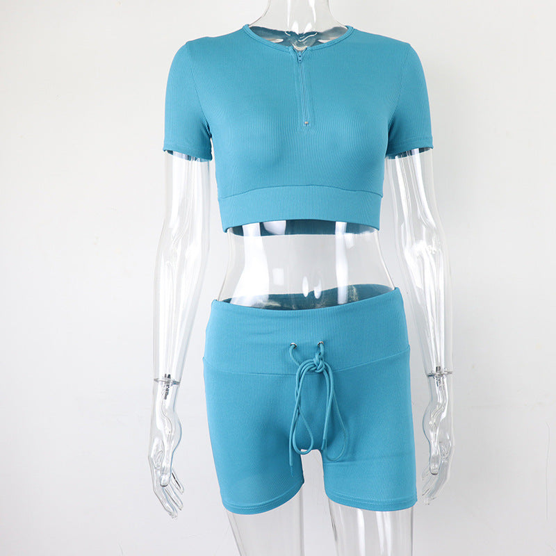 Two-Piece Suit Of Solid Color Casual Solid Color Top Drawstring Shorts