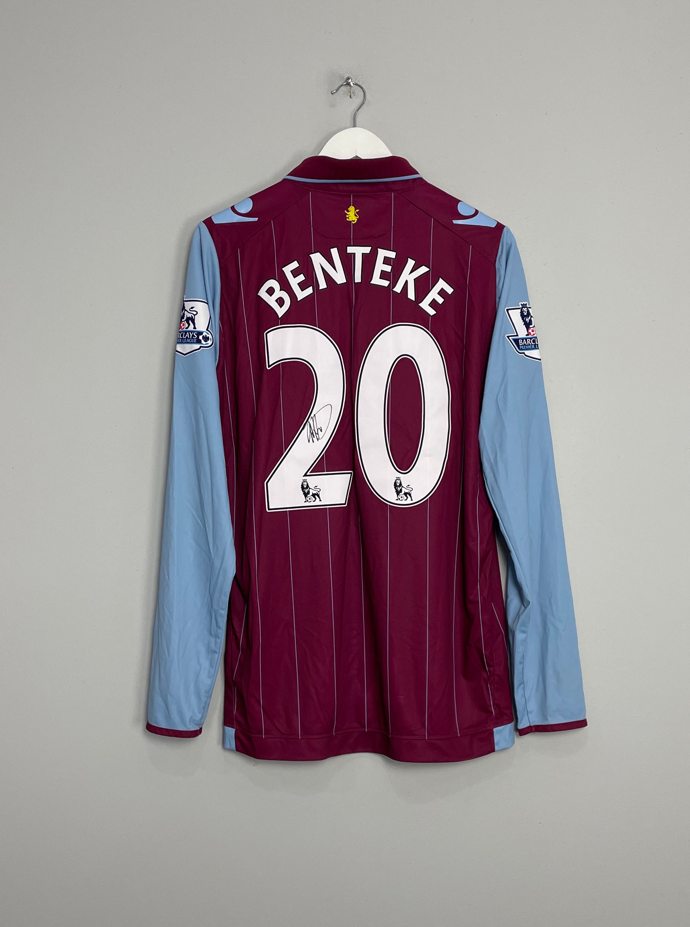 2014/15 ASTON VILLA BENTEKE #20 *MATCH ISSUE + SIGNED* L/S HOME SHIRT (L) MACRON