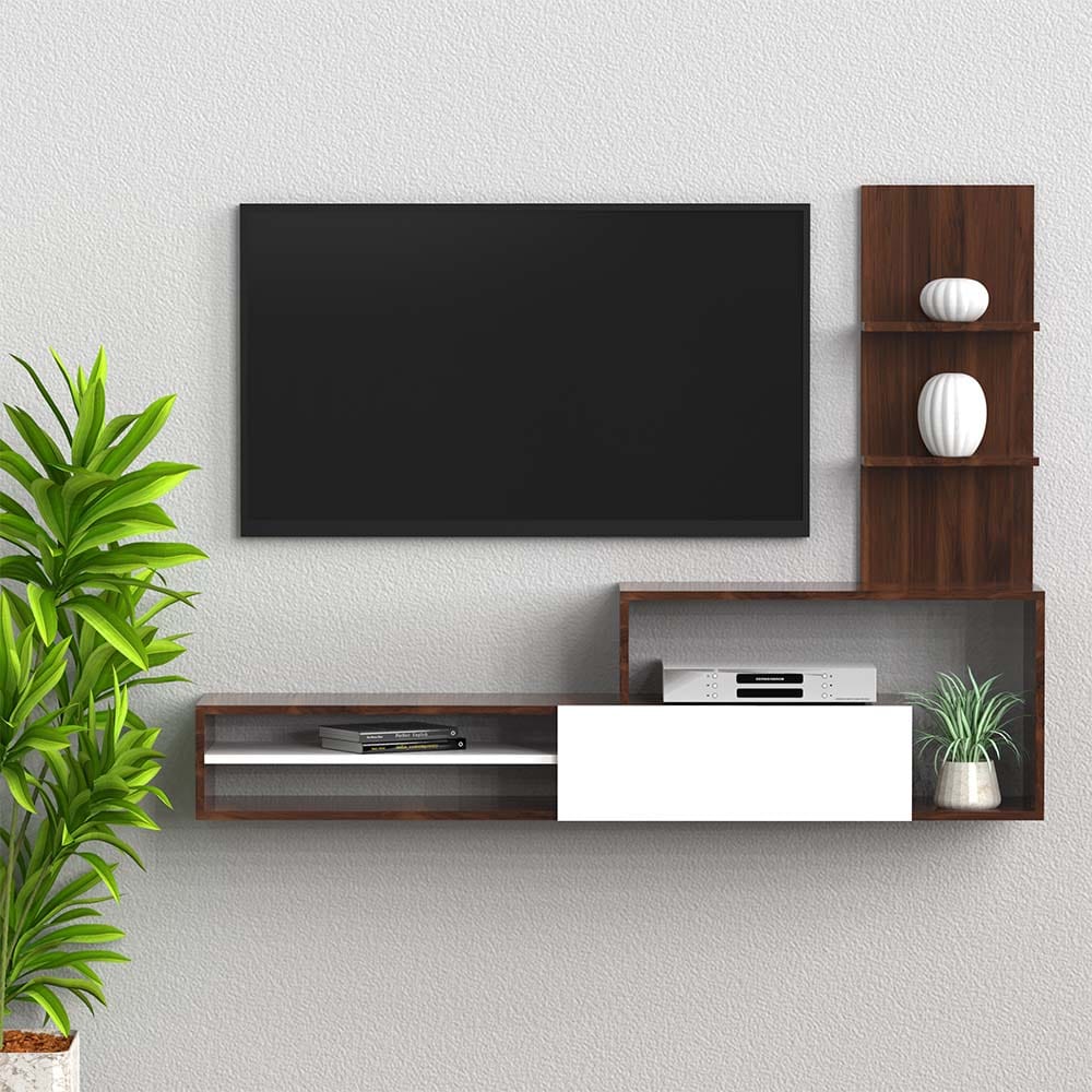 White & Walnut Finish Wooden Tv Unit With Cabinet – DecorGlance