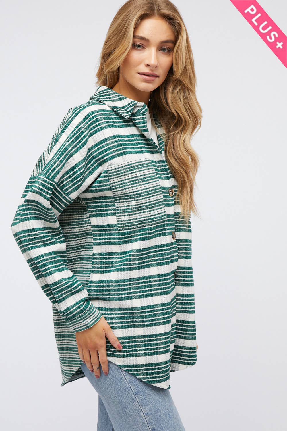 PLUS STRIPE BUTTON DOWN LONG SLEEVE SHIRT
