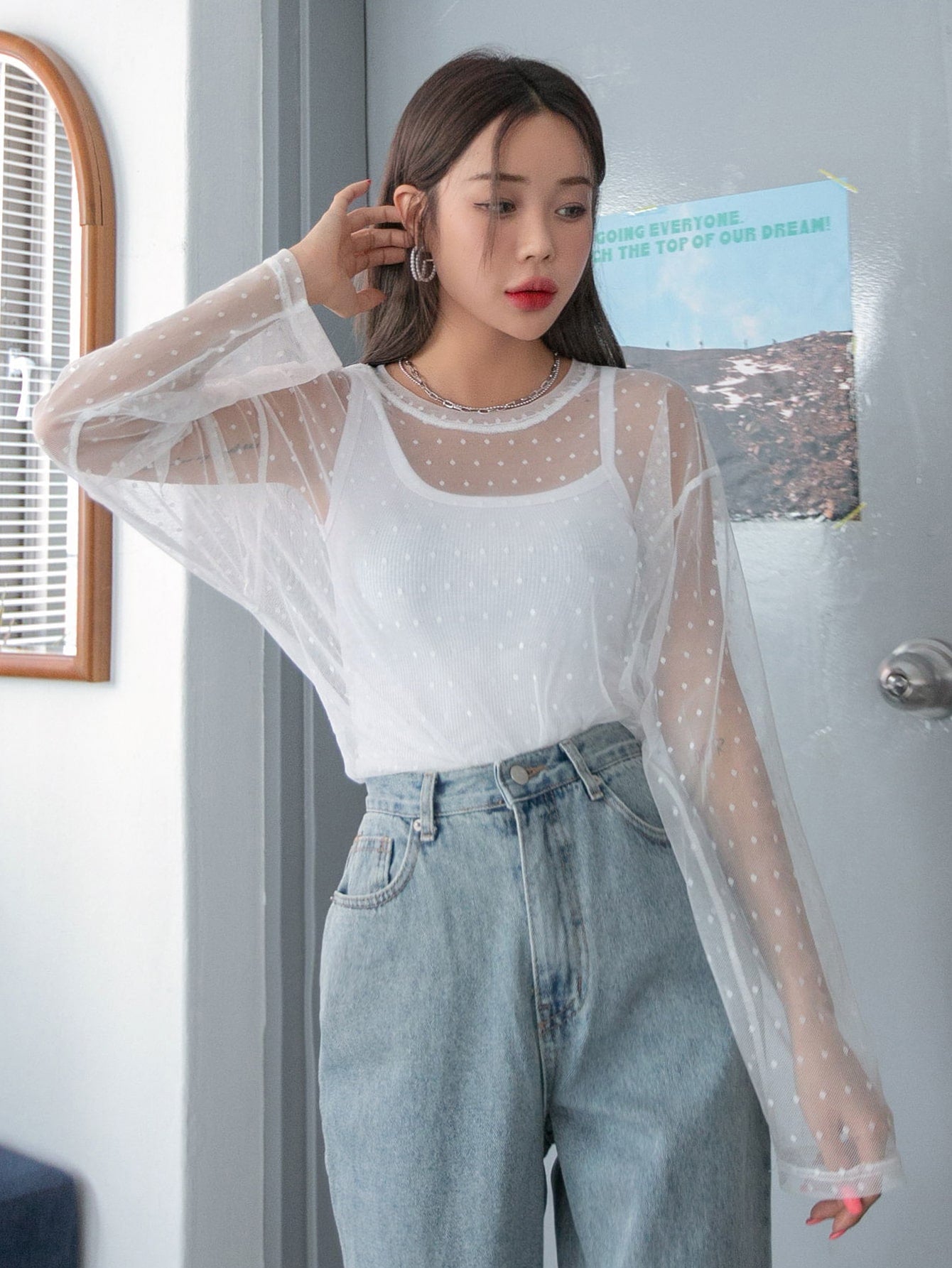 Drop Shoulder Dobby Mesh Top Without Camisole