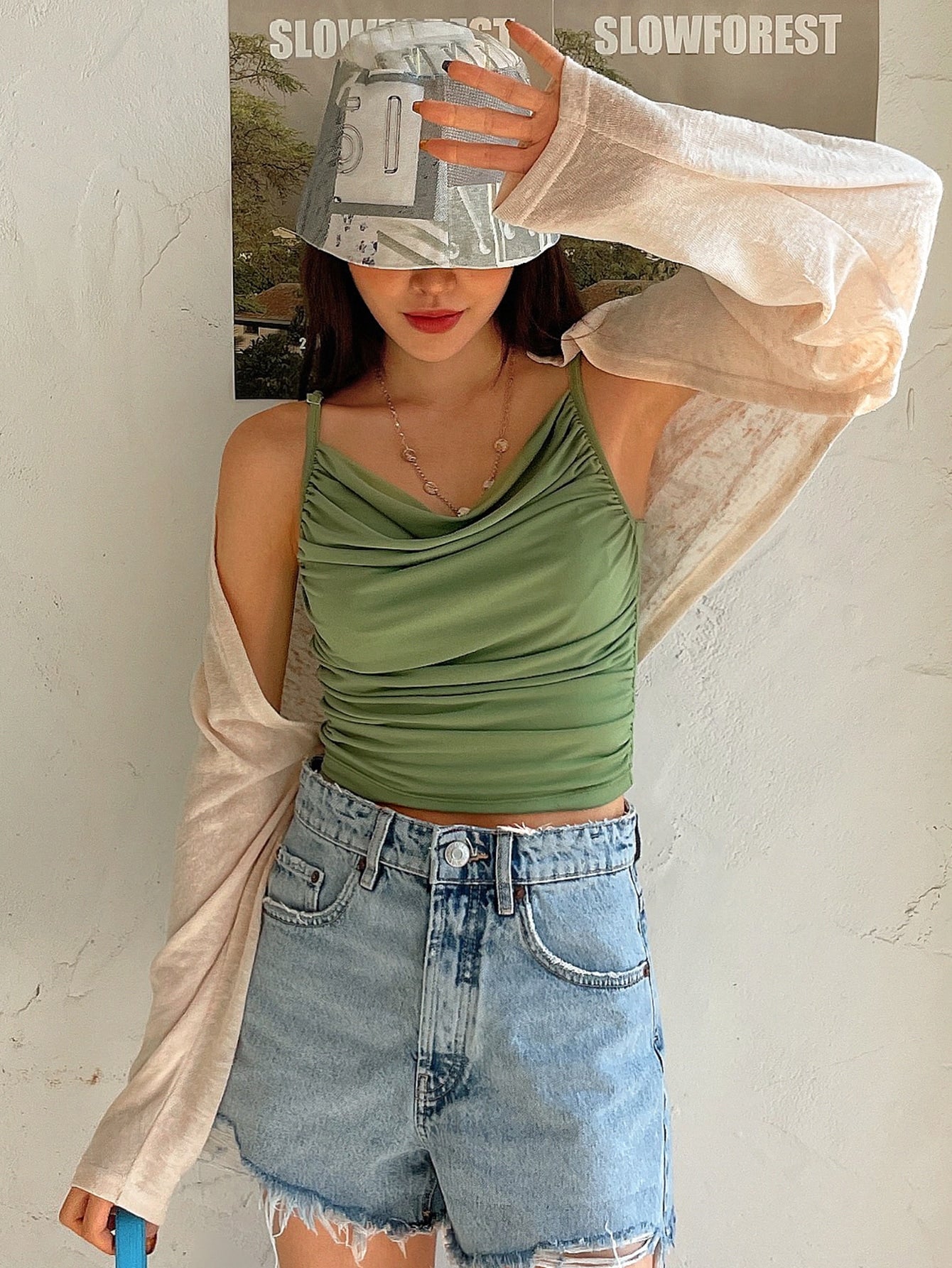 Raglan Sleeve Open Front Crop Top Without Camisole