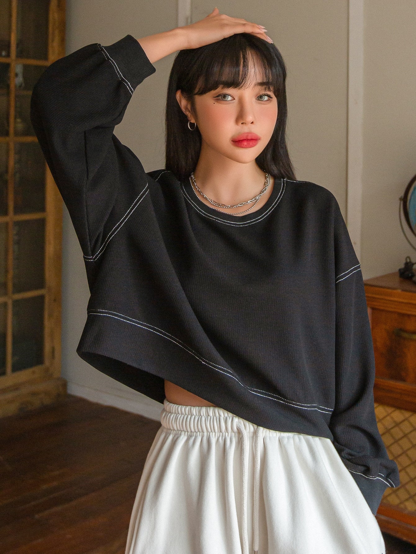 Top-stitching Drop Shoulder Pullover
