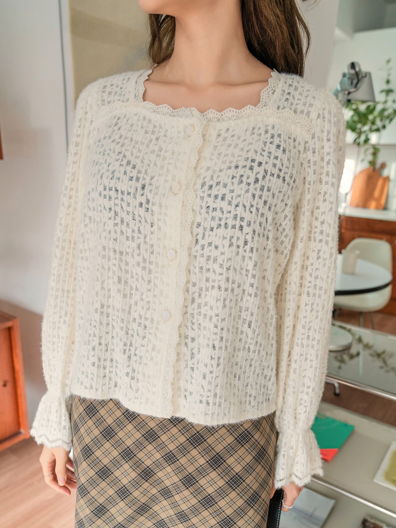 Button Front Flounce Sleeve Lace Blouse