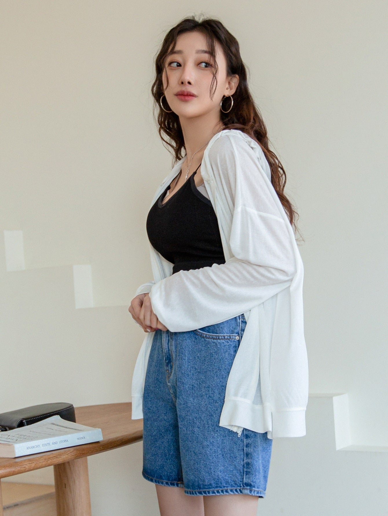 Drop Shoulder Zip Up Drawstring Hoodie Without Camisole