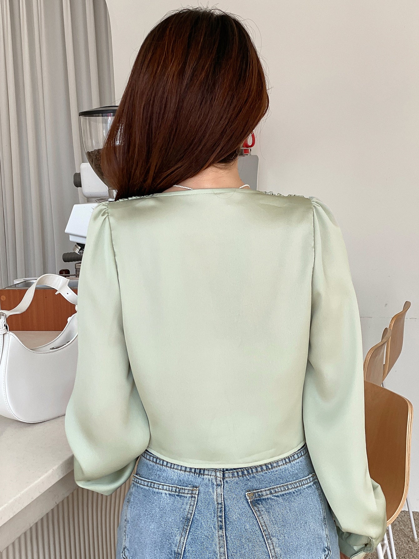 V Neck Button Front Crop Blouse