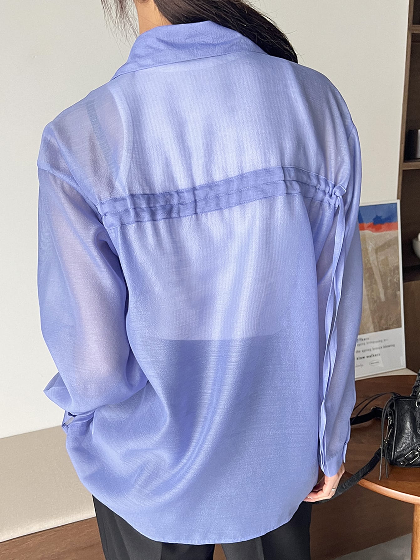 Solid Drawstring Back Sheer Blouse