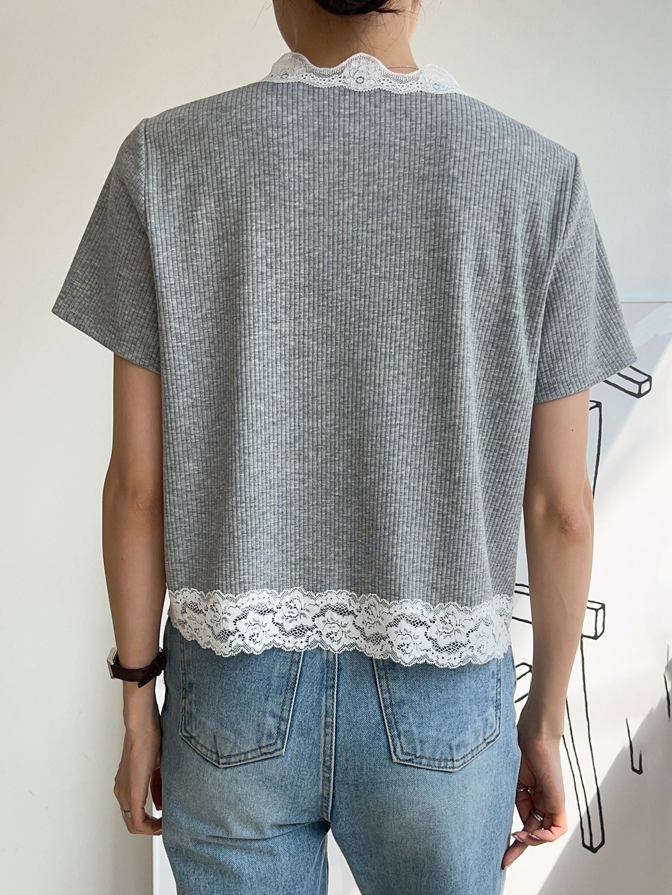 Contrast Lace Button Up Ribbed Knit Tee
