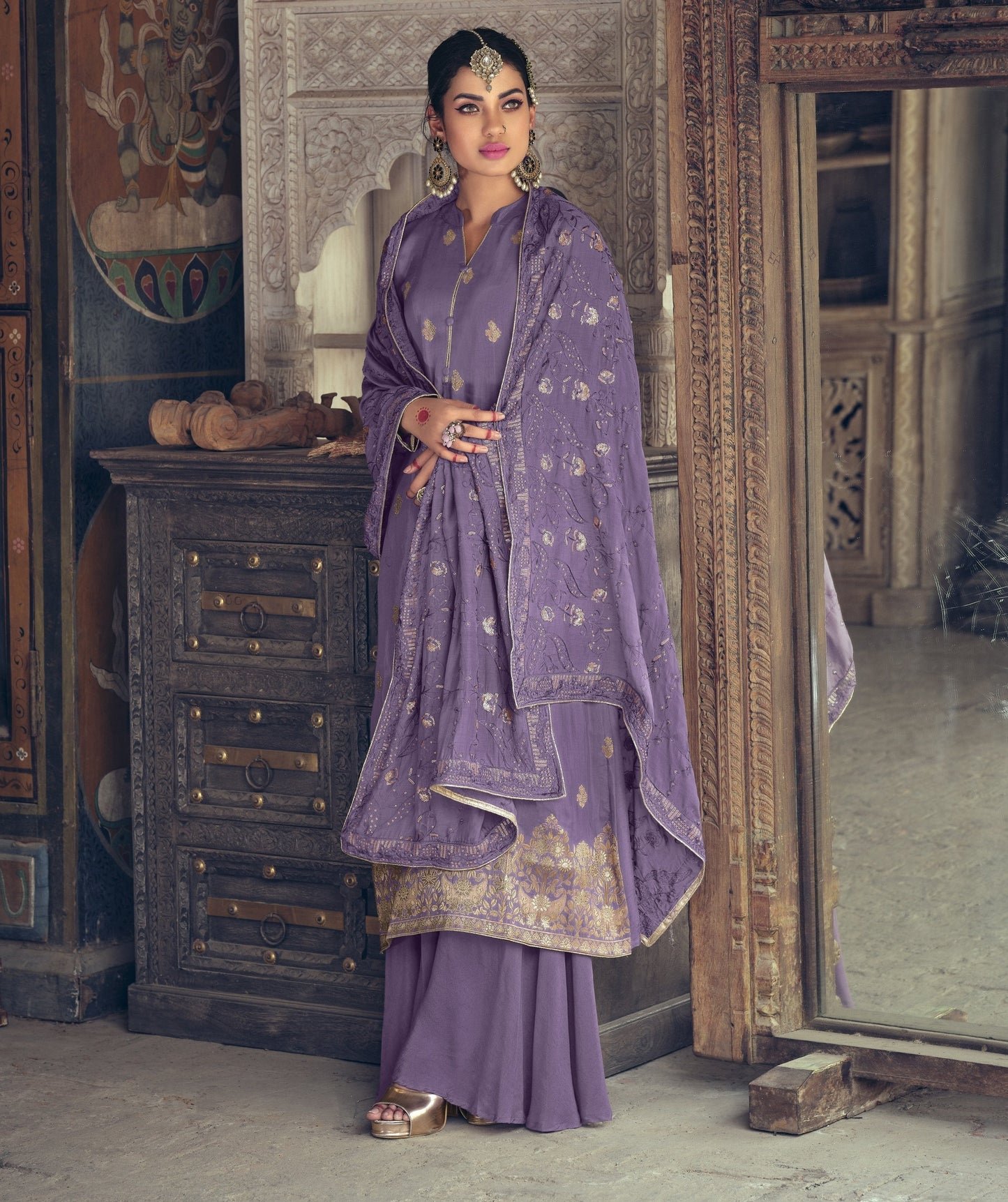Violet Woven Embroidered Sequins Muslin Jacquard Straight Salwar Kameez Suit (Unstitched) - Straight Suits - Raspberry Blush