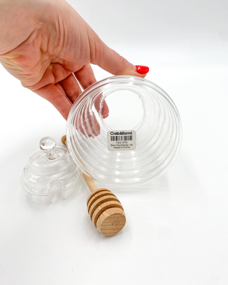 Details about   Crate & Barrel Bee Hive Honey Jar Clear Glass NIB with wooden honey dipper 
