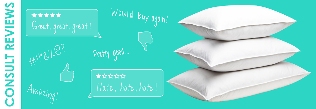 speech bubble with negative and positive reviews next to stack of pillows on turquoise background