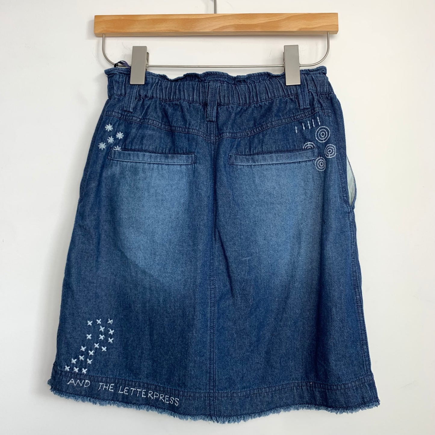 Anthropologie Pilcro and the Letterpress Patchwork Jean Denim Skirt with Elastic Waist and Tie Size XS