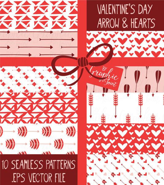 Printable digital papers PNG Valentine's Day seamless patterns JPG files. Watercolor hand-painted images Red hearts clip art