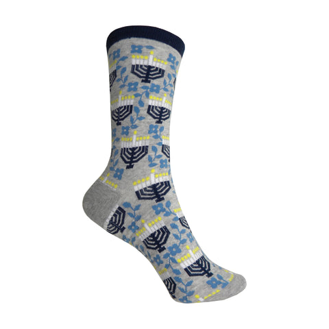 Menorah with Flowers Crew Socks in Gray Heather