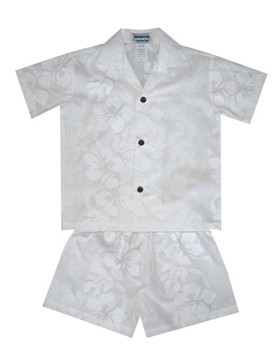 Toddler Boy's White Shirt and Shorts Set Hawaiian Hibiscus Leis