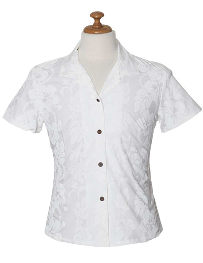 Fitted Hawaiian Blouse White Hibiscus Leis