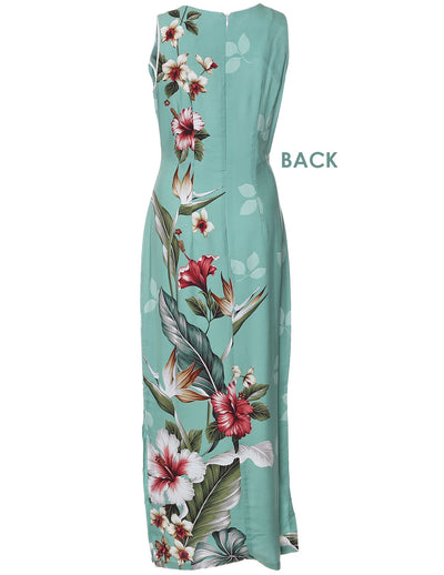 Long Maxi Hawaiian Dress Birds of Paradise Hibiscus Design