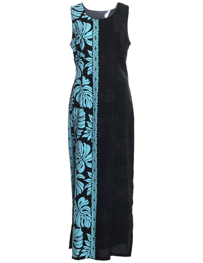 Long Maxi Dress Side Design Prince Kuhio Sleeveless Black-Blue