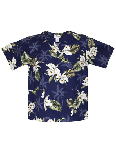 Navy Hawaiian Nursing Scrubs White Orchids