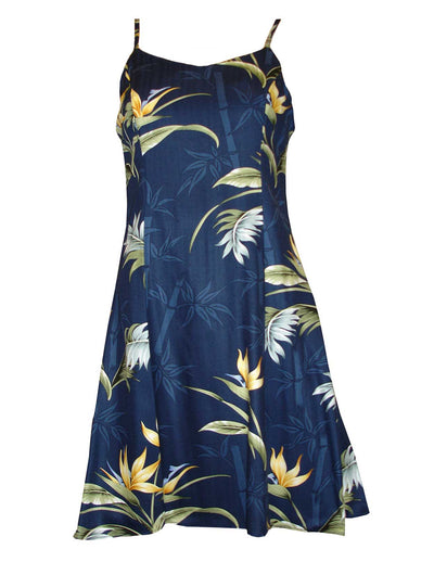 Bamboo Paradise Spaghetti Strap Hawaiian Dress in Navy