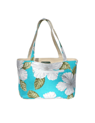 Small Reversible Aqua Tote Handbag Designer White Hibiscus