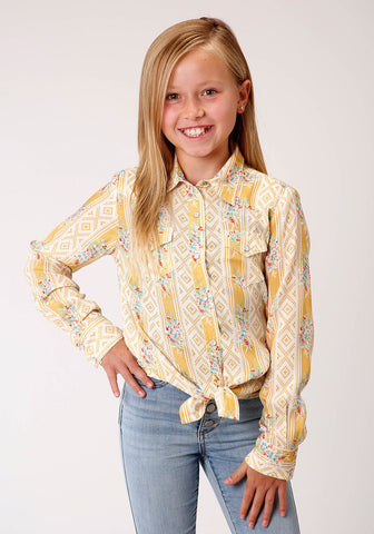 Roper Girls Yellow Rayon/Nylon Southwest Wallpaper L/S Shirt