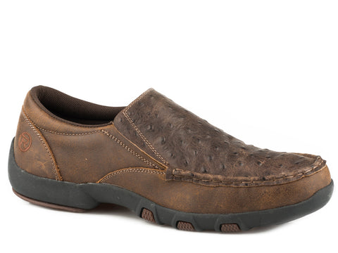 Roper Owen Mens Brown Leather Ostrich Print Slip-On Shoes