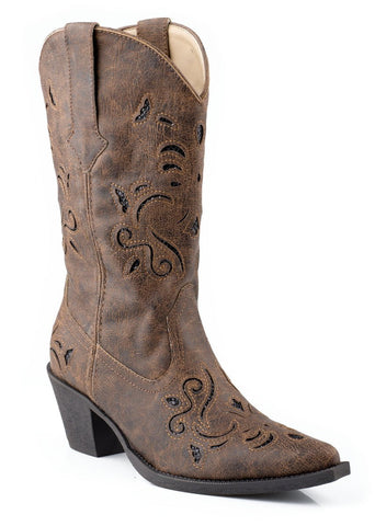 Roper Womens Brown Vintage Faux Leather 13in Glitter Underlay Western Boots